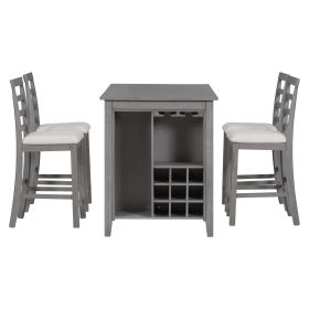 TREXM 5-Piece Multi-Functional Rubber Wood Counter Height Dining Set with Padded Chairs and Integrated 9 Bar Wine Compartment, Wineglass Holders for D