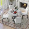 TREXM 5-Piece Farmhouse Style Dining Table Set, Marble Sticker and Cross Bracket Pedestal Dining Table, and 4 Upholstered Chairs (White+Gray)