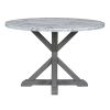 TREXM 5-Piece Farmhouse Style Dining Table Set, Marble Sticker and Cross Bracket Pedestal Dining Table, and 4 Upholstered Chairs (White+Gray)